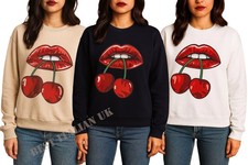 Womens Ladies Cherry Lips Slogan Oversized Sweatshirt Jumper Top