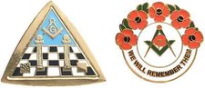 Masonic Temple & Symbols In Triangle And Masonic We Will Remember Enamel Badge