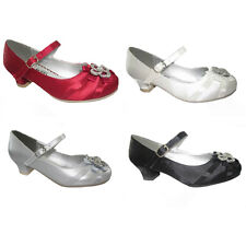GIRLS SPARKLY SATIN SHOES BRIDESMAID WEDDING PARTY PROM BLACK RED SILVER UK 6-3