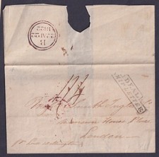 1822 DEAL SHIP LETTER m/s Per Lord Wellington to London No Contents Fine Used