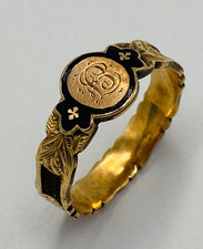 Antique 9ct Gold Mourning Ring Victorian Hairwork ring Shield engraved boxed