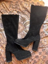 Vintage 1960s 1970s Knee High Black Suede Platform Boots Size 7 8 EU 41  US 9/10
