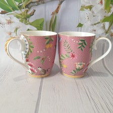 2x PIP STUDIO MUGS Pink Jungle Monkey Floral Flowers Porcelain Gilded Boutique B