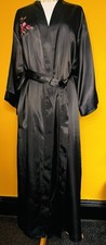Black M&S Long Silky Dressing Gown Robe 12-14 Slippery Silky With Floral Pattern