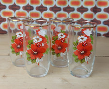 Vintage Retro Set of 4 Red Flowers Lemonade Glasses  Juice Glasses 12cms