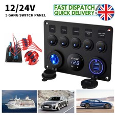 5 Gang Campervan RV 12V LED Light Switch Control Panel Voltmeter USB Charger UK