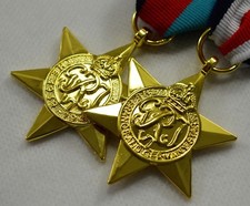 Pair of 24ct Gold WW2 Star Medals with Ribbons. 1939-1945, France/Germany Star