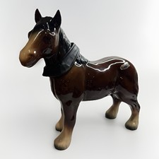 Vintage Brown Glazed Ceramic Horse Figurine with Harness Labelled 28cm Decor
