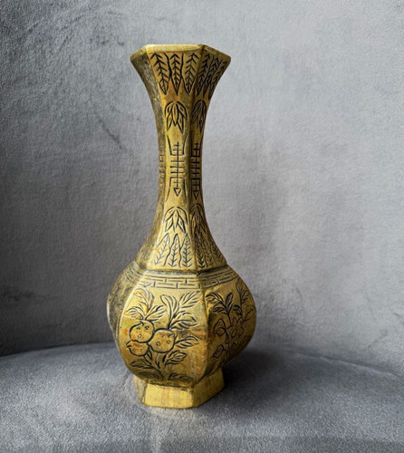 Vintage engraved brass vase - vintage,