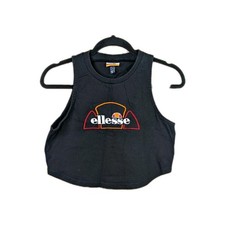 Ellesse Tank Top Womens UK 8 Black Crop Logo Gym Summer Sleeveless Beach