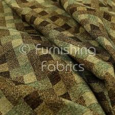 Jacquard Tapestry Geometric Square Pattern Brown Green Colour Upholstery Fabrics