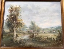 Artist M M Mid To later C20th Oil On Board Scenic Autumnal River & Hills View