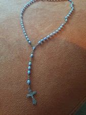 Vintage Rosary Beads Crucifix. Blue Beads With Gold Tone Metal Crucifix .