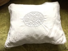 Vintage White Linen Cushion Cover Pillow Sham with Inset Lace & Monogram M