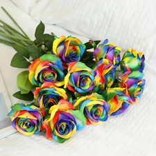 12 Pcs Artificial Rainbow Roses, Long Stem Faux Silk Rainbow Flowers Fake