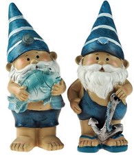 Blue 21cm Novelty Garden Gnome Ornaments Figurines - Fish / Anchor (Set of 2)