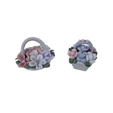 Ceramic Flower Basket Ornaments x 2 Miniature China Flowers Bisque & Glazed