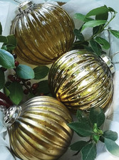 Large Vintage Antique Glass Gold Ribbed Bauble Hanging Decoration with Velvet Ri