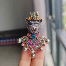 Medieval Vintage Full Rhinstone Crown Dog Bear Animal Coat Pin Buckle Jewelry