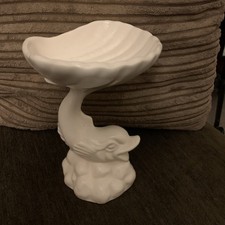 Vintage Dartmouth Pottery Soap Dish Trinket Dish Dolphin Shell Pedestal White