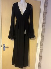 Women Gothic V Neck High Slit Witch Sleeve Lace Patchwork Ghost Bridal Dress