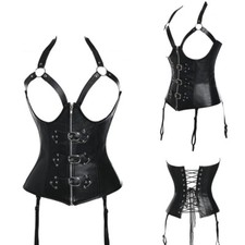 UK Women Faux Leather Corset Bustier Burlesque Basque Top Gothic Steampunk Party
