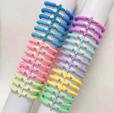 Acrylic Cross & Polymer Clay Pastel Bead Stretch Bracelets, Colours Sent Random 