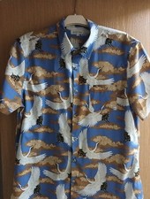 Porter & Ash Mens S/S Shirt Size Large Oriental Flying Cranes Cotton VGC