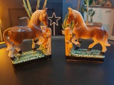 Vintage 1950s Pair Of Hand Painted Rearing Stallions Figurine Bookends kitsch