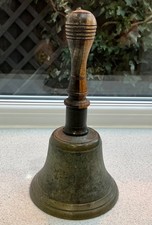 Antique Bronze School Bell / dinner Bell Brass /Bronze with turned Wooden handle