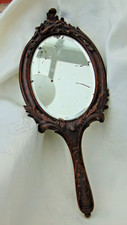 Antique 19th Century French Carved Wood Bevelled Glass Hand Held Mirror