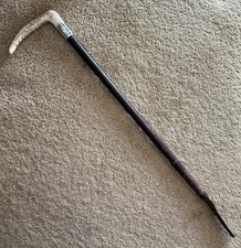An Antique Edward Swaine Adeney Ladies Hunting Crop Silver Band Antler Handle