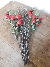 11 Lovely Artificial Flower/Foliage Stems ~ 2 Red Pomegranate & 9 Pussy Willows