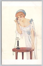 Artist Signed Raphael Kirchner Glamour Lady on Telephone 'Oui, je t'attends'
