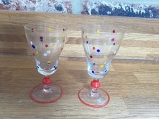 Vintage Fun Pair Small Sherry Glasses Red Spots Dotty 1950s Spares