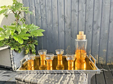 ANTIQUE ART DECO GOLD GILT BRASS COCKTAIL SHAKER GLASSES & SERVEX MIRRORED TRAY