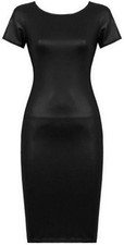 LADIES WET LOOK SHORT SLEEVE PU WOMENS BODYCON MIDI FAUX LEATHER DRESS