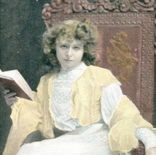 Miss Mabel Love actress postcard antique portrait reading book carved chair