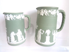 Pair of Antique Wedgwood Sage Green Jasperware Jugs with twisted handles c1900