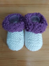 White with purple fluffy cuff hand knit snuggle  Boots / bootees 0 to 3 months