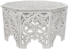White Washed Carved Octagonal Coffee Table Indian Styled, 84cm Dia BNIB RRP £349