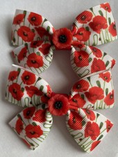 2 Girls Poppy/Remembrance Day Handmade Ribbon Hair Bows / Clasps / Clips
