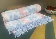 Vintage 80s towel Bath Shower Fringed Pink Blue Florals 43”x26” Retro Prop