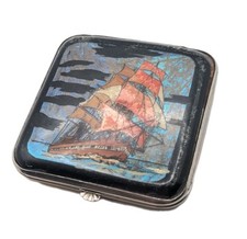 Original 1930s Gwenda Square Shaped Powder Compact With A Galleon Sailing Ship 