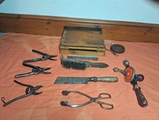 Lot of Vintage Antique Hand Tools: Guillotine, Secateurs, Drill, Coal Tongs