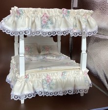 Dolls house four poster bed. White wood with bedding DHE 5104