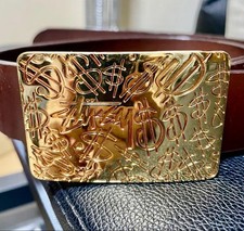 [Rare] Stussy gold buckle dollar embossed brown leather belt
