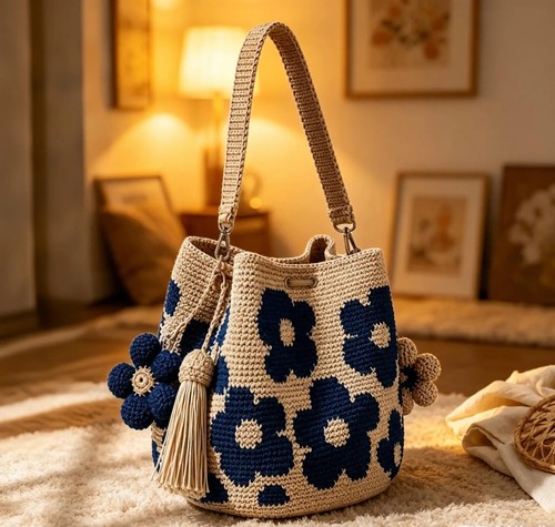 Handmade crochet floral bucket - handmade,