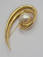 Large Swirl Gold Brooch With Pearl Cabouchon 8cm x 4cm
