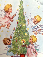 Vintage Angels Cherubs Christmas Tree Candle 40's Used Greeting Card (EB10191)